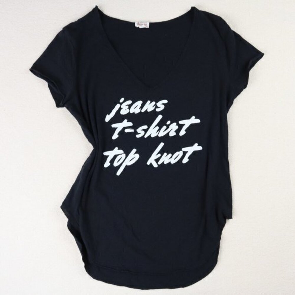 Ten Sixty Sherman Tee Top Black Jeans T Shirt Top Knot Print Raw Hem Loose Small
